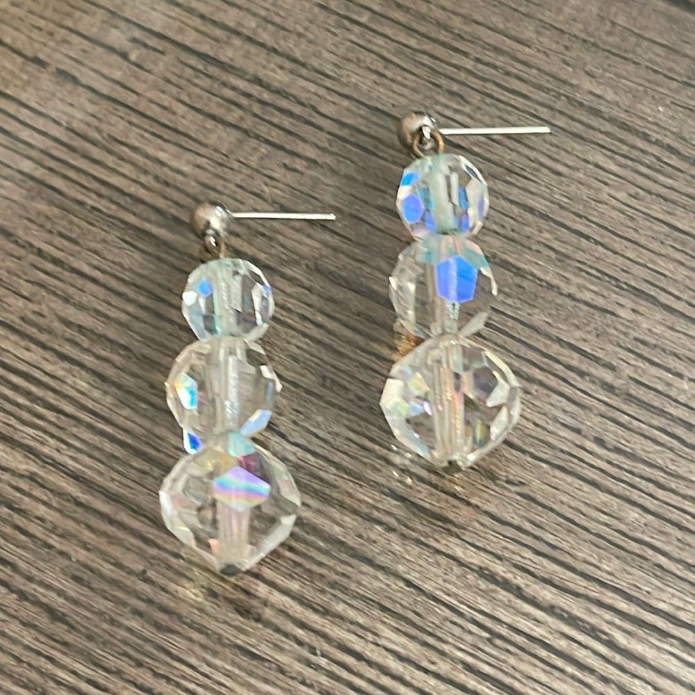 Vintage Cut Crystal Aurora Borealis Bead Drop Dangle Earrings